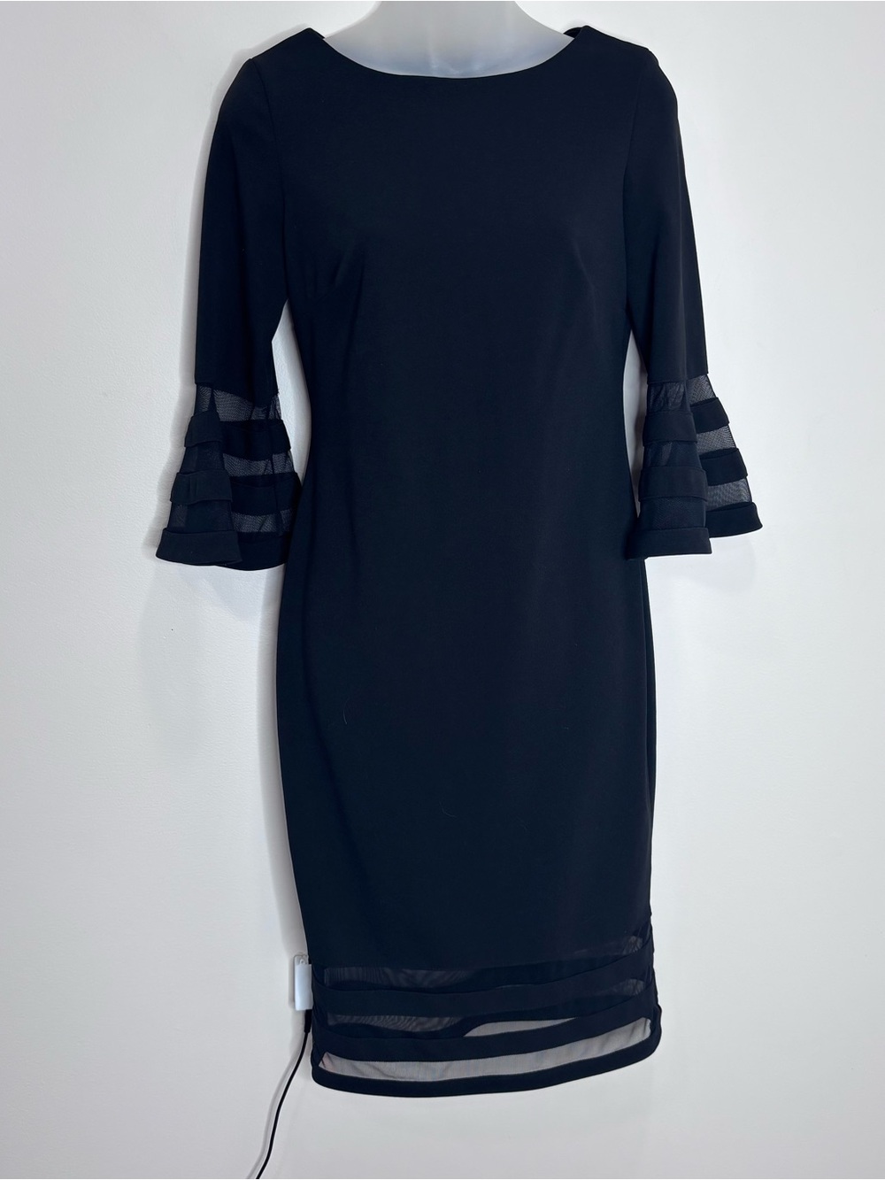 Calvin Klein Black Midi Sheath Dress Tiered Mesh Sleeves size 2 Classic